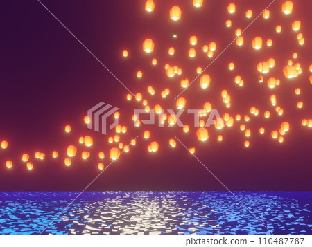 Beautiful sky lanterns floating in the night sky and the sea 110487787