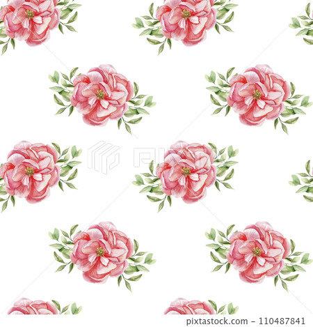 Watercolor pink peonies art seamless pattern. Hand drawn floral background for textile, scrapbooking, paper design. Garden pale pink flowers with leaves on white background 110487841