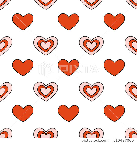 Seamless pattern with red and pink heart. Valentine day background. Y2k. Groovy style. Vector flat illustration. 110487869