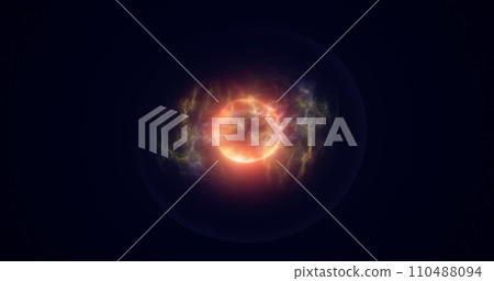 Spinning yellow blue energy sphere digital hi-tech ball futuristic magic circle glowing bright force field abstract background Spinning yellow blue energy sphere digital hi-tech ball futuristic magic circle glowing bright force field abstract background 110488094