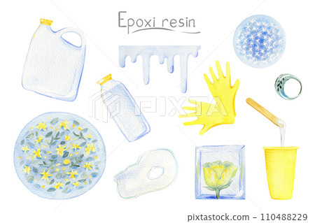 Epoxy resin painted watercolor with hobby accessories for design of cards, posters and websites 110488229