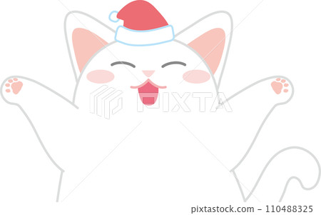 Dancing cat_Christmas Santa hat_Smiling cat with both hands raised_Upper body 110488325