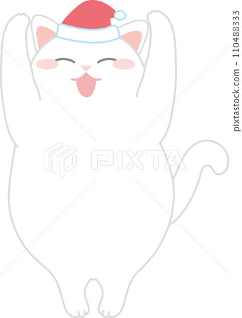 Dancing cat_Christmas Santa hat_Cat raising both hands and smiling 110488333