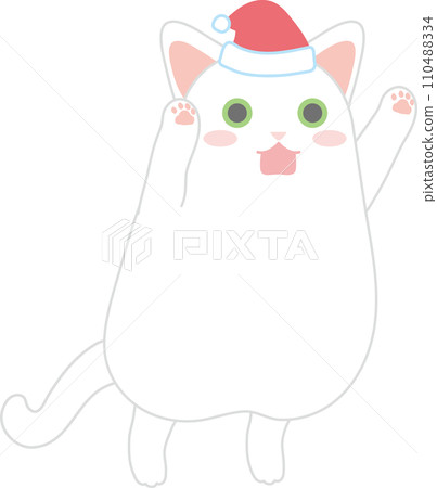 Dancing cat_Christmas Santa hat_Cat jumping with both hands up 110488334