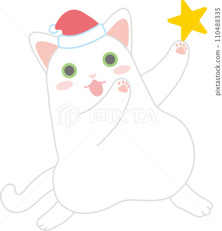 Dancing cat_Christmas Santa hat_dancing with a star on his left hand 110488335