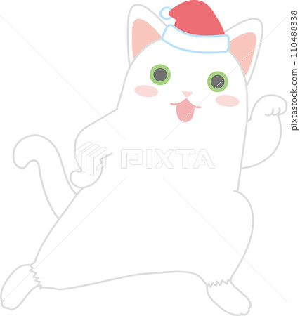 Dancing cat_Christmas Santa hat_beckoning cat dance with left hand raised 110488338