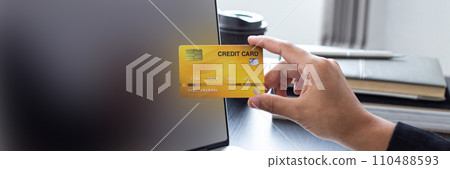 women use laptop to register online purchases using credit card payments, Convenience in the world of technology and the internet, Shopping online and banking online concept. 110488593