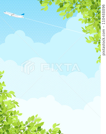 Airplane flying in fresh greenery and blue sky Background material (vertical orientation) 110488896