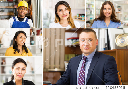 Collage of portraits of business people in various business situations closeup Collage of portraits of business people in various business situations closeup 110488916