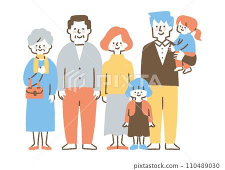 A family of six close friends standing in a row_color A family of six close friends standing in a row_color 110489030