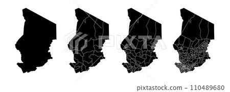 Set of isolated Chad maps with regions. Isolated borders, departments, municipalities. 110489680