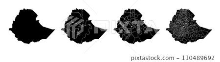 Set of isolated Ethiopia maps with regions. Isolated borders, departments, municipalities. 110489692
