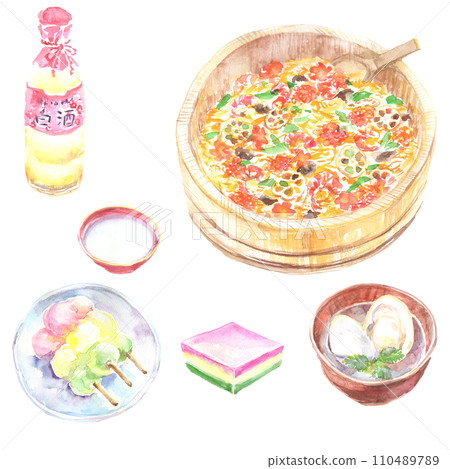 Illustration set of chirashi sushi, clam soup and tricolor dango 110489789