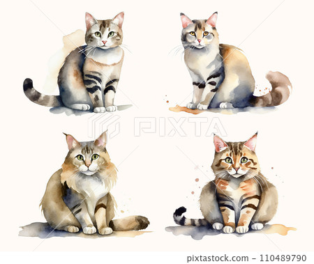 Watercolor painting 4 sets of sitting cat illustrations AI generated image 110489790