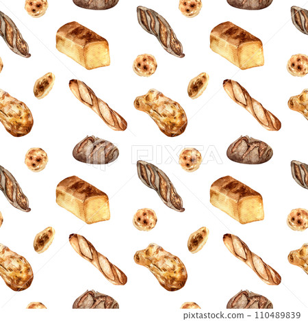 Variety bread watercolor seamless pattern isolated on white. Hand drawn rye bread, loaf for bakery. Painted pitta, ciabatta. Illustration of baguette. Element for design bakeshop, package, trade 110489839