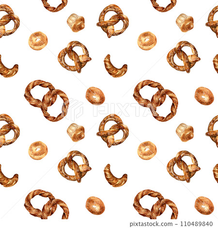 Various types of baked goods watercolor seamless pattern isolated on white. Hand drawn simit, pretzel for bakery. Painted brioche, bagel. Illustration of croissant, bread. Design for bakery, package 110489840