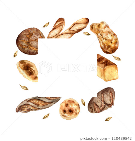 Frame of variety bread watercolor isolated on white. Hand drawn rye bread, loaf for bakery. Painted pitta, ciabatta. Illustration of wheat and baguette. Element for design bakeshop, packaging, trade 110489842
