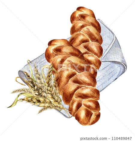 Challah tradition Jewish bread watercolor illustration isolated on white background. Hand drawn Israelite bread on napkin. Painted bread with ear of wheat. Element for design packaging, bakehouse 110489847