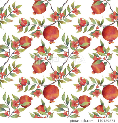 Juicy pomegranate watercolor seamless pattern. White background 110489873