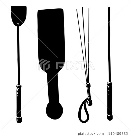 BDSM hand drawn paddle, flogger, whip and crop in black and white colors. Vector illustration BDSM hand drawn paddle, flogger, whip and crop in black and white colors. Vector illustration 110489883