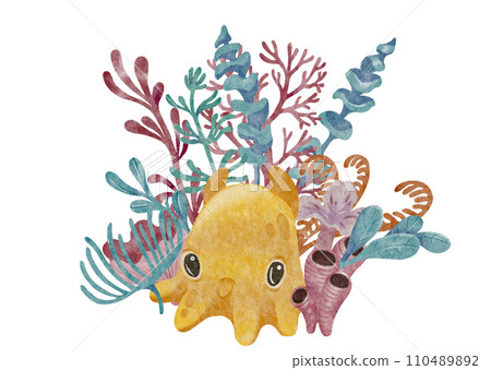 Cute cartoon dumbo octopus watercolor art with corals. White background. 110489892