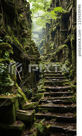 Ancient staircase ruins in the jungle AI image 110489946