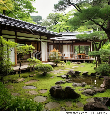 AI image of a Japanese house with a roof and a small garden 110489947