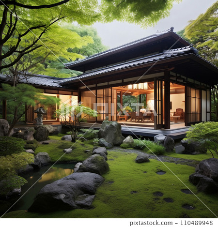 AI image of a Japanese house with a roof and a small garden 110489948