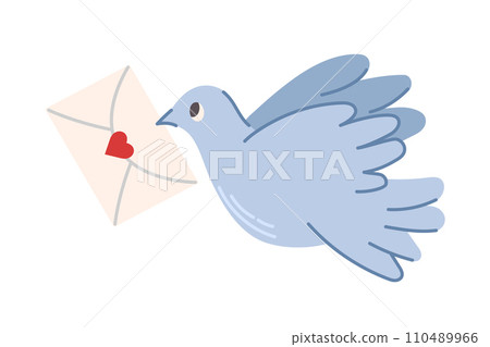 Dove flies with valentine, love letter, mail delivery. Sticker for Valentines day. Hand drawn isolated romantic design element. 110489966