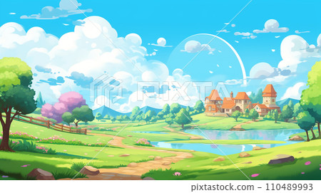 Anime style peaceful village scenery AI image 110489993