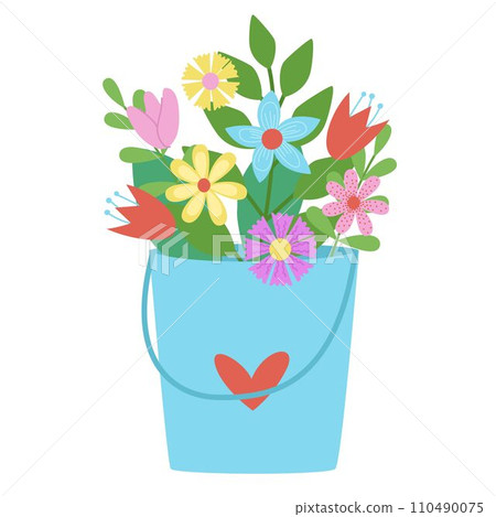 Spring bouquet of flowers in a bucket. Colorful flowers vector illustration. Element for design and print 110490075
