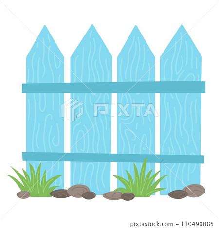 Bright blue fence overgrown with grass and stones. Wooden fence vector illustration isolated on white background Bright blue fence overgrown with grass and stones. Wooden fence vector illustration isolated on white background 110490085