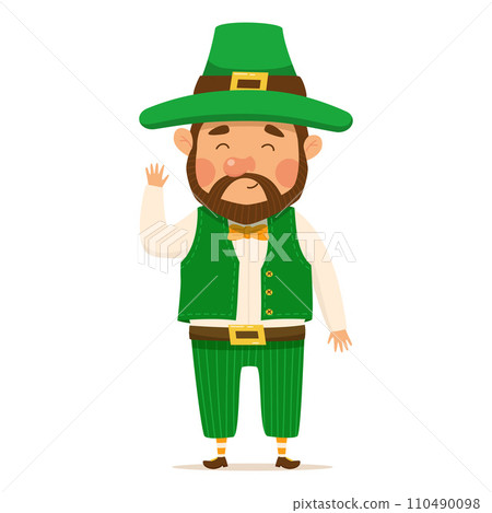 Funny and cute leprechaun with brown beard for St. Patrick's day in a green suit and hat. Vector Illustration Funny and cute leprechaun with brown beard for St. Patrick's day in a green suit and hat. Vector Illustration 110490098