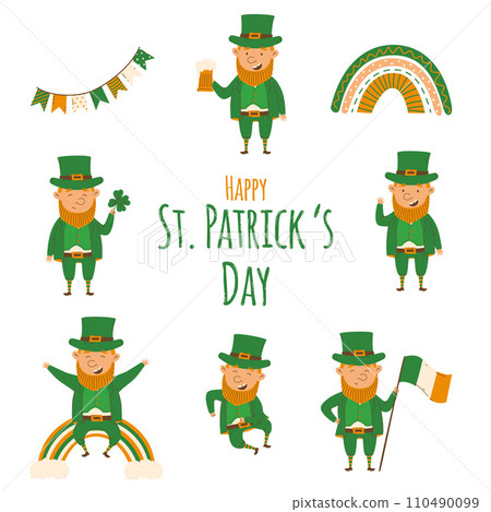 St. Patrick's Day set of happy leprechauns in a flat minimalistic style. Vector Illustrations. Cheerful man character St. Patrick's Day set of happy leprechauns in a flat minimalistic style. Vector Illustrations. Cheerful man character 110490099