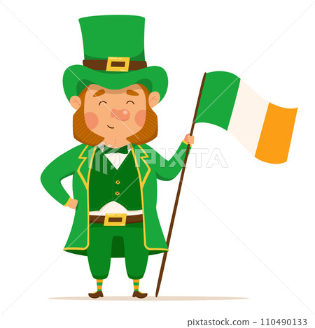 Funny and cute leprechaun with Irish flag. Vector illistration for St. Patrick's day. Happy man in a green suit and hat 110490133