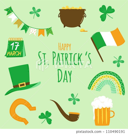 St. Patrick's Day set. Vector illustration in flat style. Pot of gold, hat, pipe, beer, shamrock, rainbow and Irish flag St. Patrick's Day set. Vector illustration in flat style. Pot of gold, hat, pipe, beer, shamrock, rainbow and Irish flag 110490191