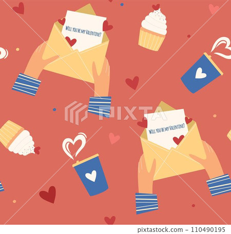 Seamless pattern for Valentine's Day. Love message, cute cupcake and warming coffee with hearts. Vector illustration Seamless pattern for Valentine's Day. Love message, cute cupcake and warming coffee with hearts. Vector illustration 110490195