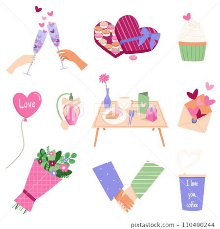 Vector set of valentine's day symbols isolated on white background. Cute valentine's day attributes in flat style. Vector set of valentine's day symbols isolated on white background. Cute valentine's day attributes in flat style. 110490244