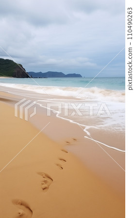 AI-generated content. Sandy beach in nasty weather with big waves, stormy sea landscape with copyspace 110490263