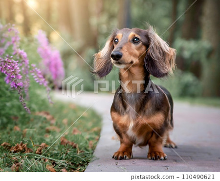 Dachshund looking around on the road in the park, generated AI 110490621