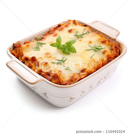 Lasagna in Baking Dish Isolated on White Background. Generative ai 110491024