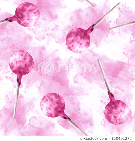 Watercolor stains, splashes seamless pattern with pink delicious pop cakes Hand drawn illustration birthday party candies. Lollipop print for wrapping, scrapbooking paper. Isolated on white background 110491273