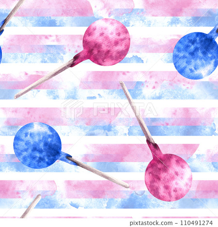 Watercolor seamless pattern with pink and blue watercolor stripes and pop cakes Hand drawn illustration party candies lollipop. Wallpapers, wrapping, birthday, scrapbooking. Isolated white background 110491274