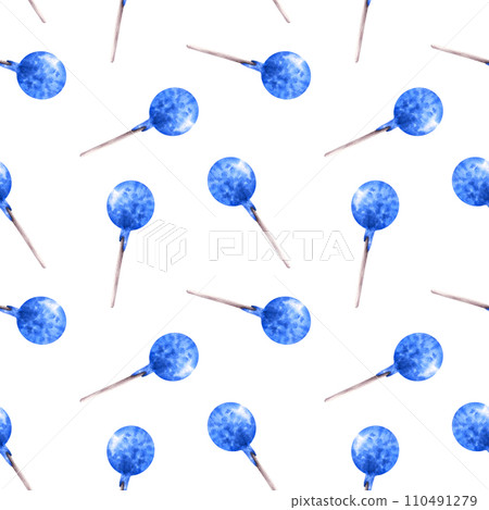 Watercolor seamless pattern with blue delicious pop cakes Hand drawn illustration party candies Lollipop print for wallpapers, wrapping, fabric, scrapbooking paper, bakery Isolated on white background Watercolor seamless pattern with blue delicious pop cakes Hand drawn illustration party candies Lollipop print for wallpapers, wrapping, fabric, scrapbooking paper, bakery Isolated on white background 110491279