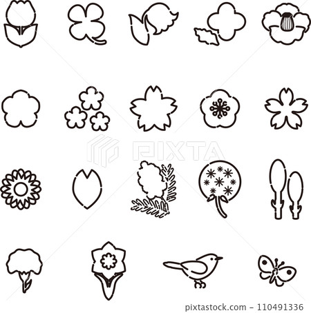 Flower icon treatment pictogram logo cute simple line drawing black and white illustration material set 110491336