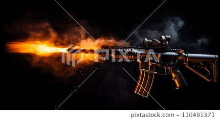 Intense Muzzle Flash from Rifle Firing. Generative ai 110491371