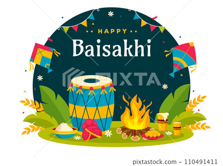 Happy Baisakhi Vector Illustration of Vaisakhi Punjabi Spring Harvest Festival of Sikh Celebration with Drum and Kite in Holiday Cartoon Background 110491411