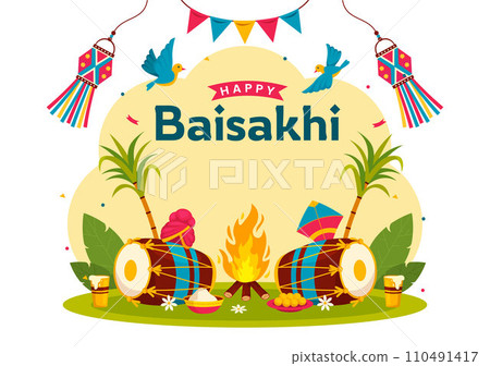 Happy Baisakhi Vector Illustration of Vaisakhi Punjabi Spring Harvest Festival of Sikh Celebration with Drum and Kite in Holiday Cartoon Background 110491417
