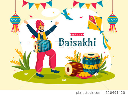 Happy Baisakhi Vector Illustration of Vaisakhi Punjabi Spring Harvest Festival of Sikh Celebration with Drum and Kite in Holiday Cartoon Background 110491420