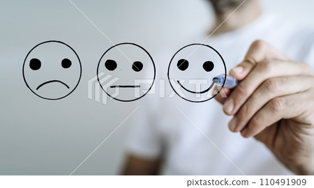 Emotional assessment and feedback concept. Psychology, emotions, mood idea concept. Emotional assessment and feedback concept. Psychology, emotions, mood idea concept. 110491909